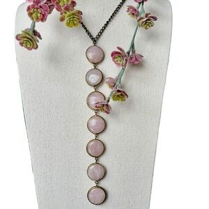 Lena Bernard Long Statement Necklace with Pink Stone Discs Antiqued Brass Chain